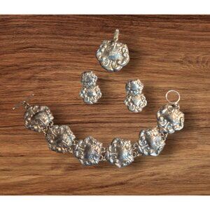Sterling Silver 925 Thai Vintage Jewelry Set - Earrings Pendant & Bracelet 6.75"